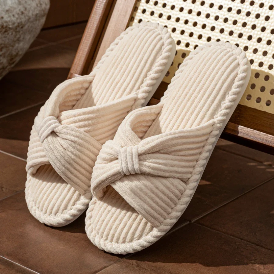 Ivory Ribbed Bow Comfort Slides